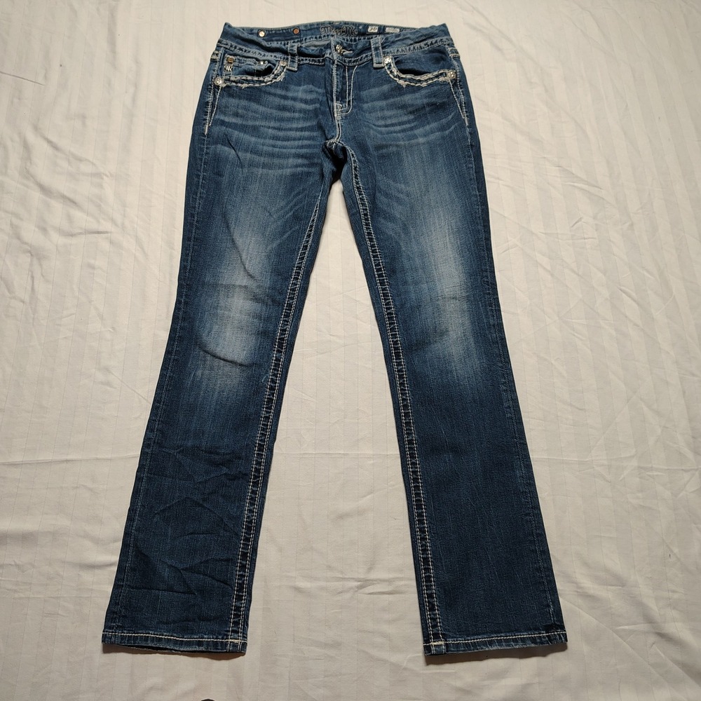 Miss Me Jeans Womens 30 Dark Easy Straight Fleur De Lis Rhinestone JE8460ETR